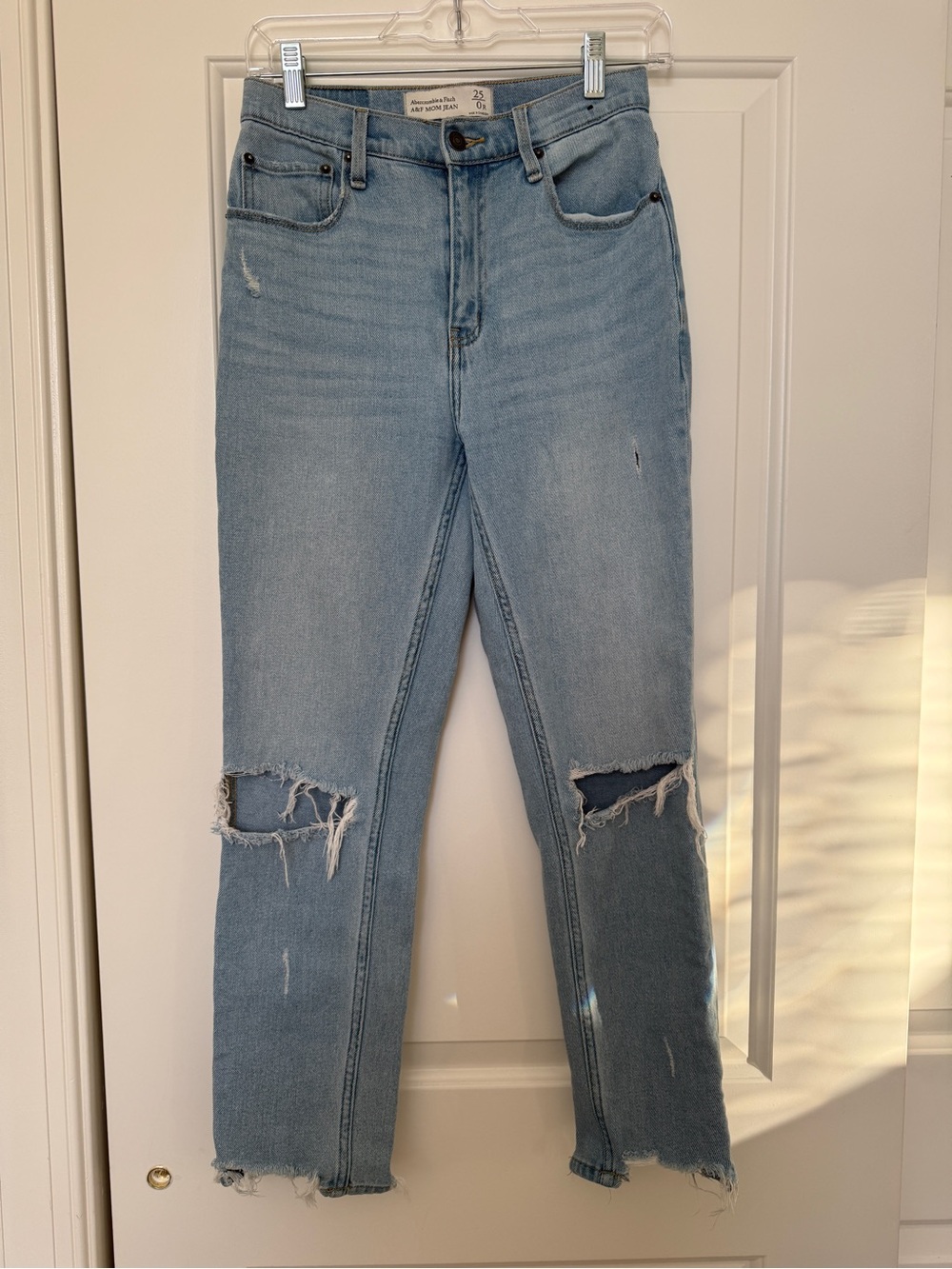 Abercrombie & Fitch Mom Jean- Light Blue Straight-Leg Distressed Jeans